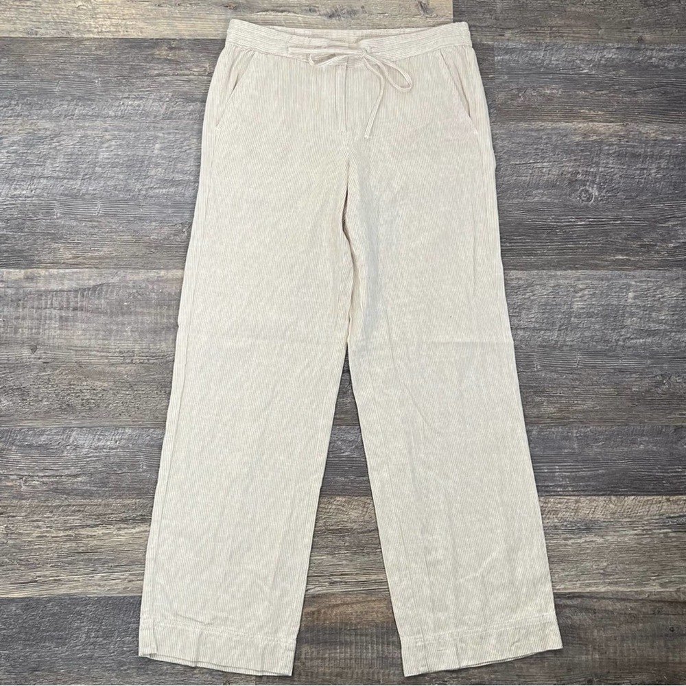 Talbots tan cream striped linen blend straight leg casual beach pants sz 6 B171